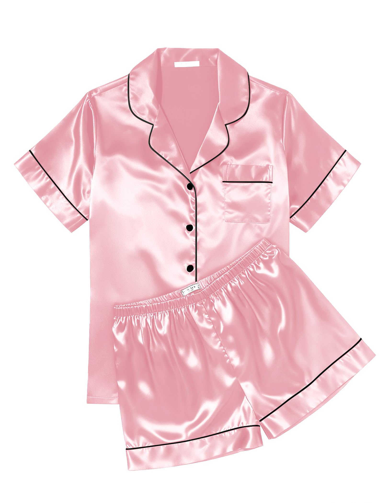 Ekouaer Womens Silk Satin Pajama Sets Soft Short Sleeve Button Down Sleepwear Top and Shorts 2 Piece Pjs Lounge Set