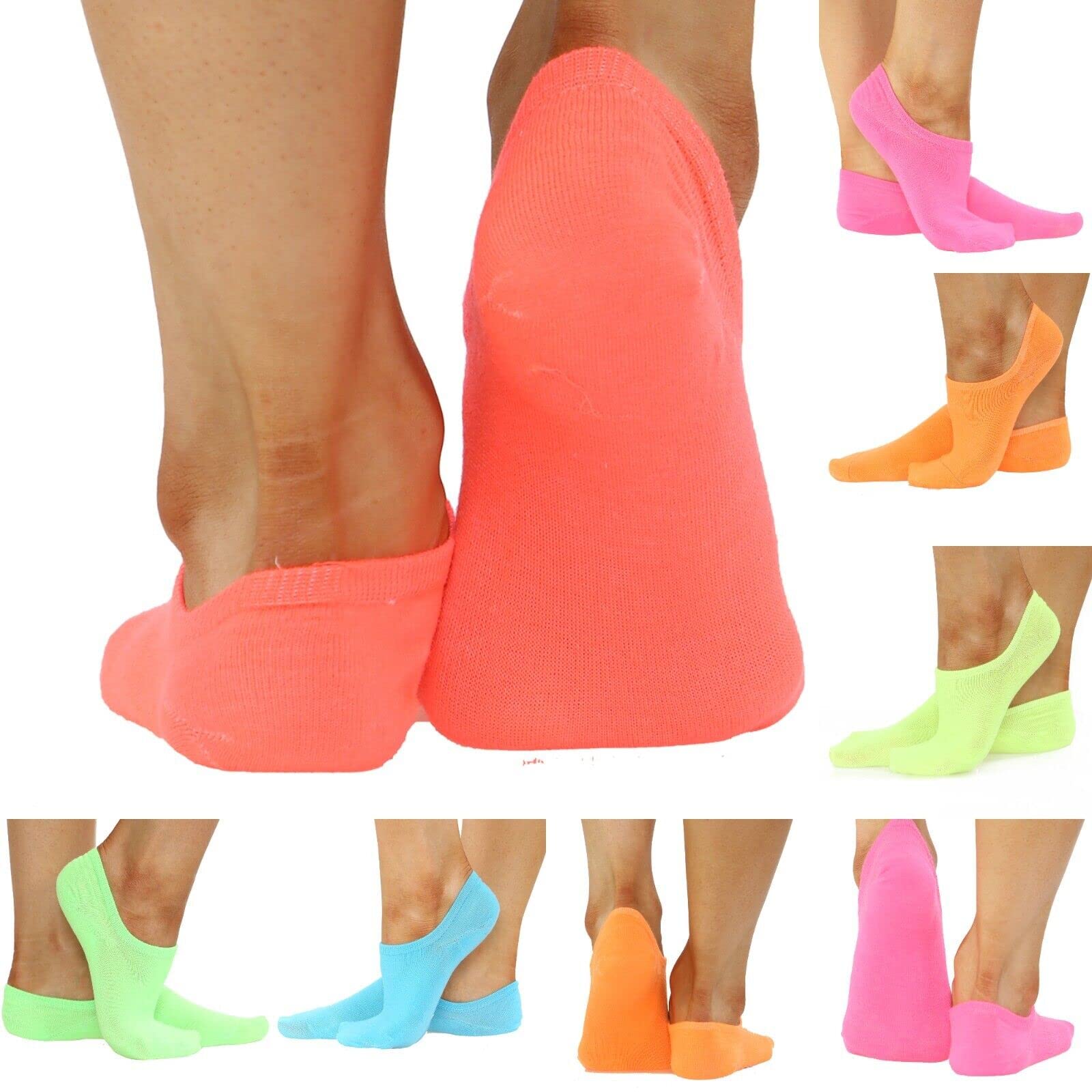 Lyallpur Ladies Invisible Trainer Liner Ankle Low Cut Neon Colours Socks Pair of 6