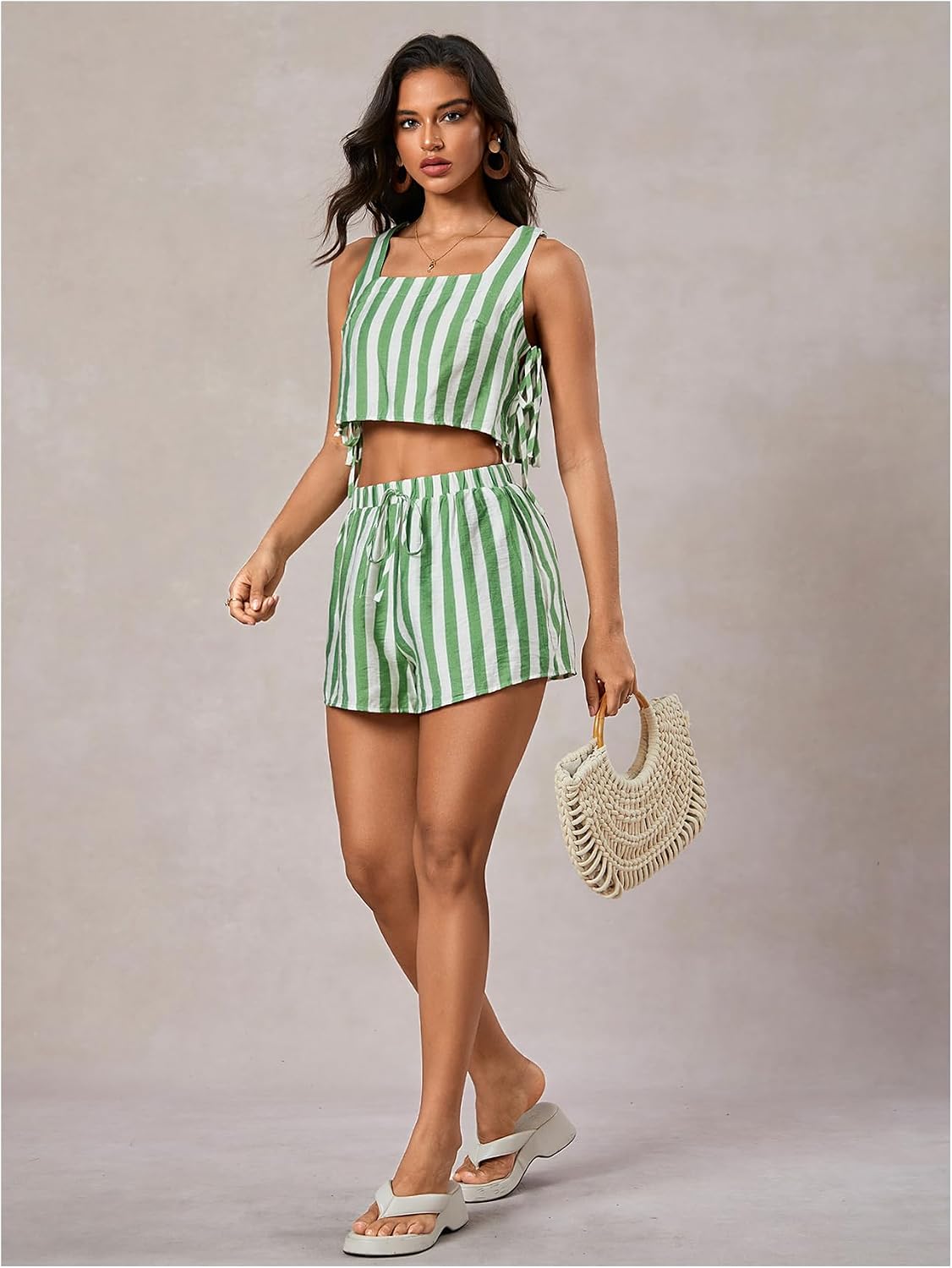 MakeMeChic Women's Summer Two Piece Outfit Striped Bow Square Neck Sleeveless Crop Tops and Shorts Set
