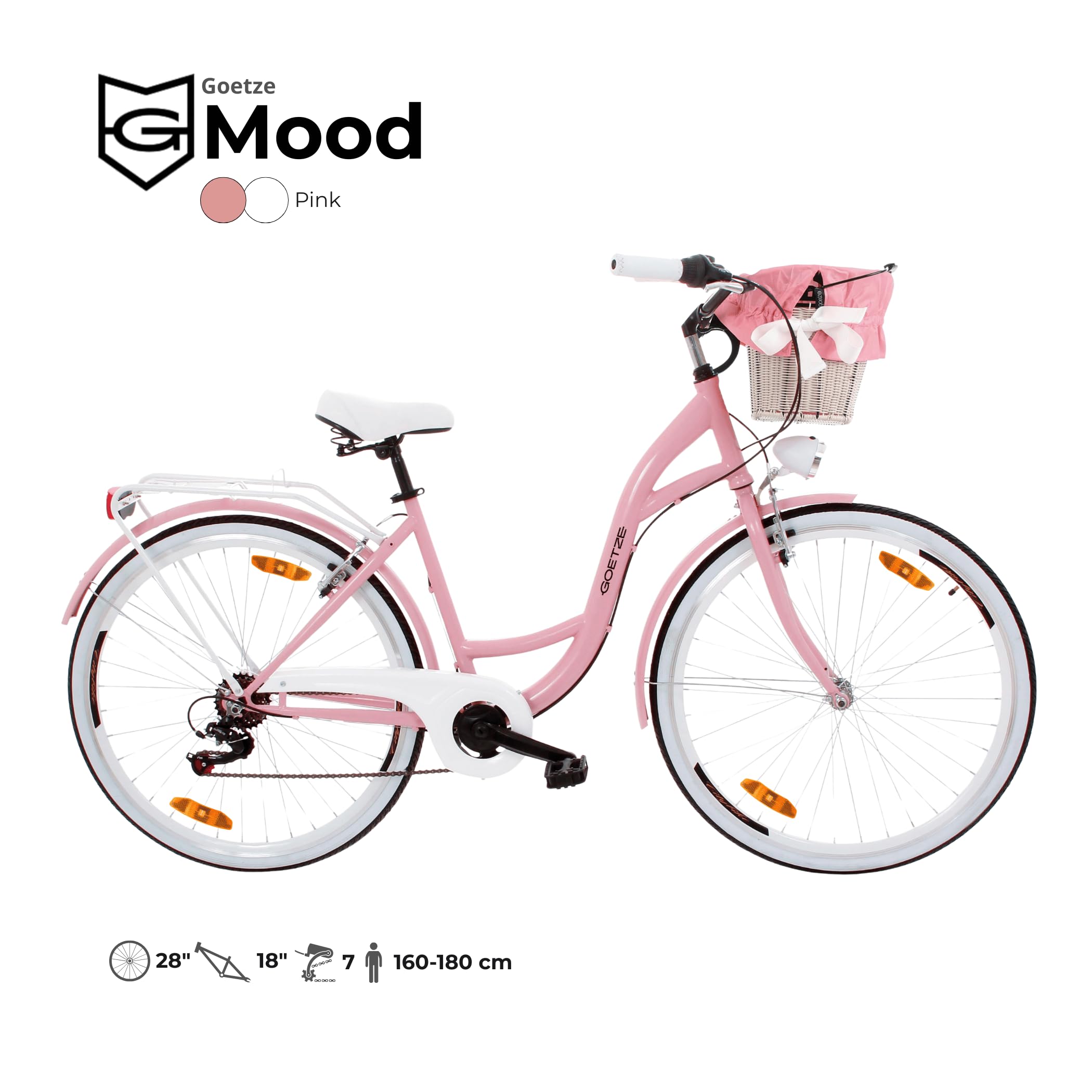 Goetze Mood Damenrad 26 Zoll, 6-Gang mit Korb | Tiefeinstieg, Shimano-Antrieb, V-Brakes, LED-Beleuchtung, Reflektoren, Gepäckträger, Korb