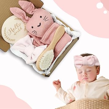Baby Comforter Blanket Baby Gift Girl Boy Personalized Gift Newborn with Comforter Bib Turban Milestone Cards and Brushes Pink