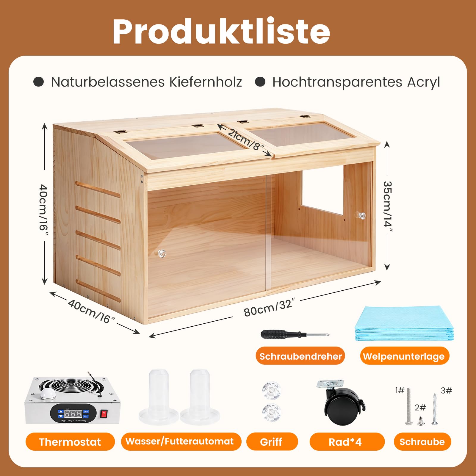 Kükenaufzuchtbox mit 4-Bremsrollen, intelligenter Brütkasten, Holzbrüter mit Temperaturregler, 80x40x40cm