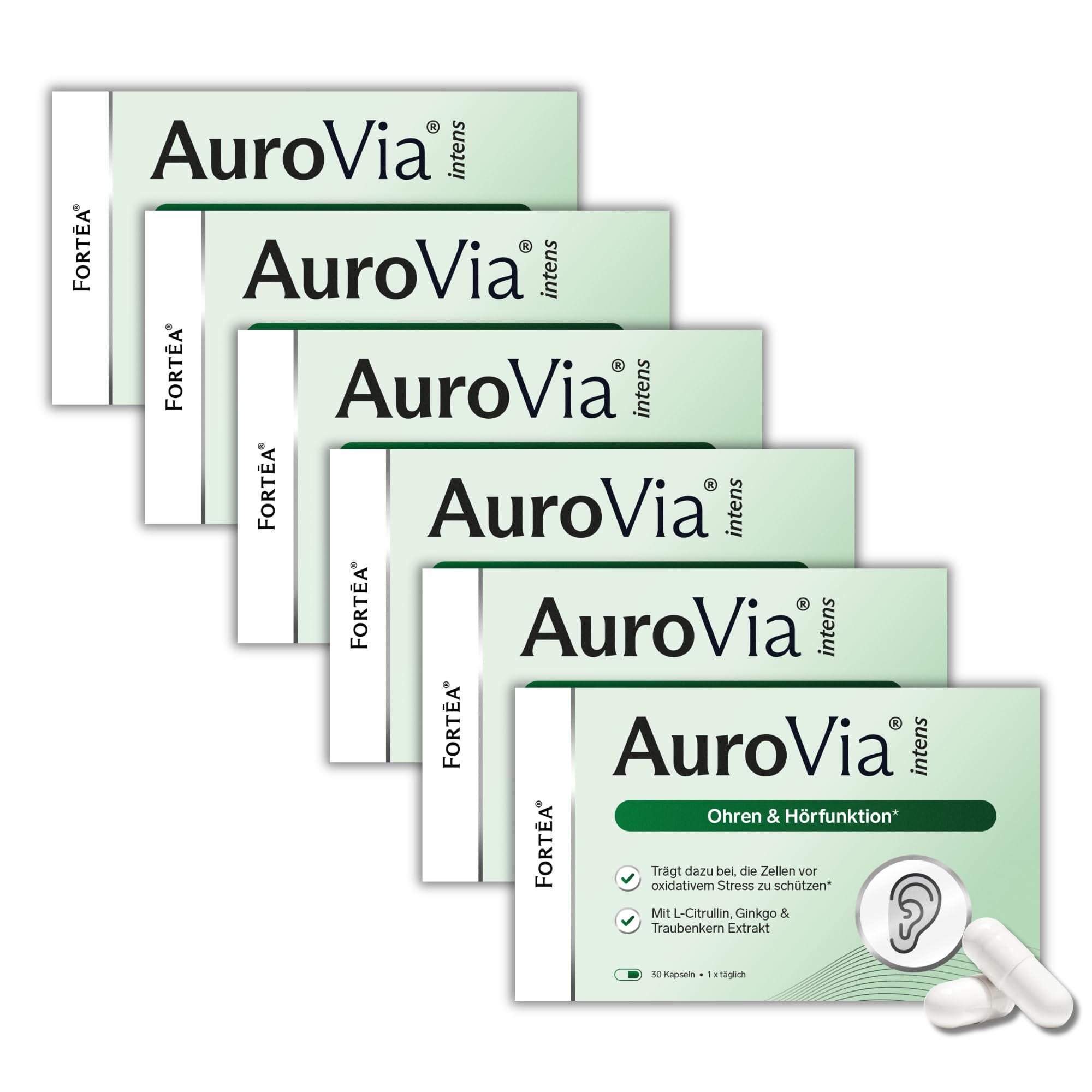 FORTEA® - Hörfunktion Kapseln in Apothekenqualität - AuroVia - Unterstützung für Ohren- und Hörfunktion - Komplex mit Ginkgo Biloba, Traubenkern und Vitamin B1, Vitamin B6, Vitamin B12-6x 30 Stück