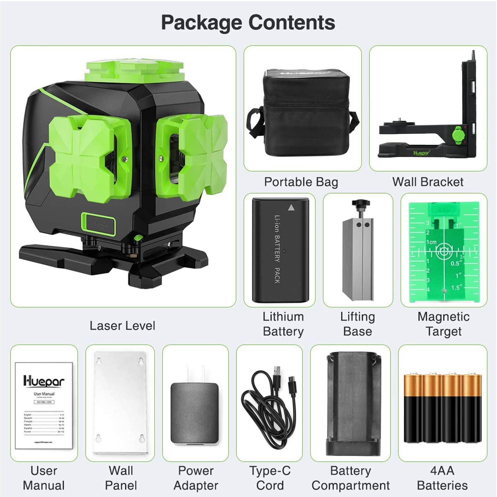Livella laser Huepar,3x360°laser raggio verde autolivellante,S03DG-L | Livella laser terra con linee verticali orizzontali commutabili,dotata batteria agli ioni litio e base magnetica girevole