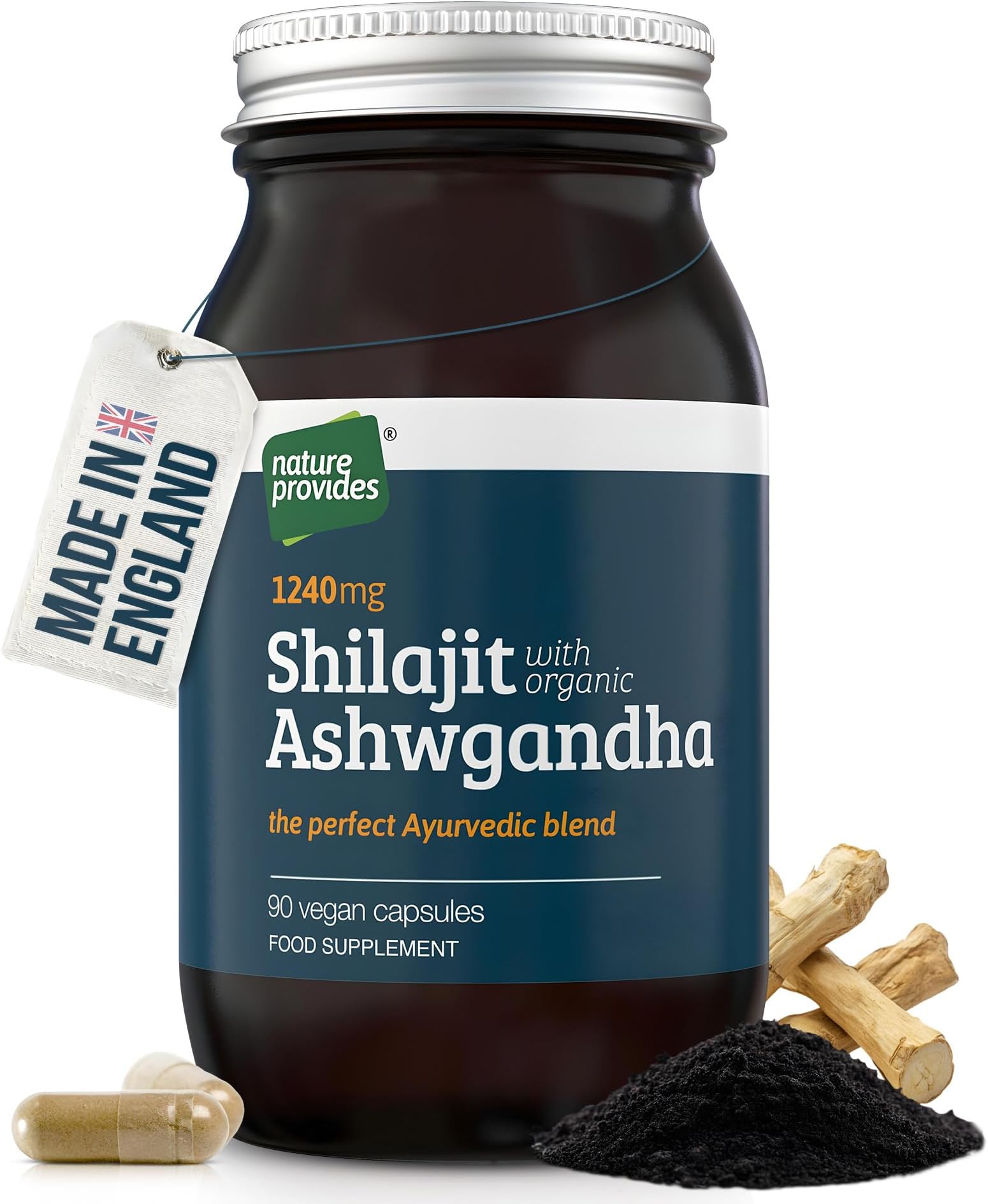 Ayurvedic Shilajit 1000mg & Organic Ashwagandha - 90 High Strength Caps, Fulvic Acid, Mineral Rich Supplement, Stress & Energy Support, Adaptogen, Vegan, GMO-Free, Made in UK by Nature Provides
