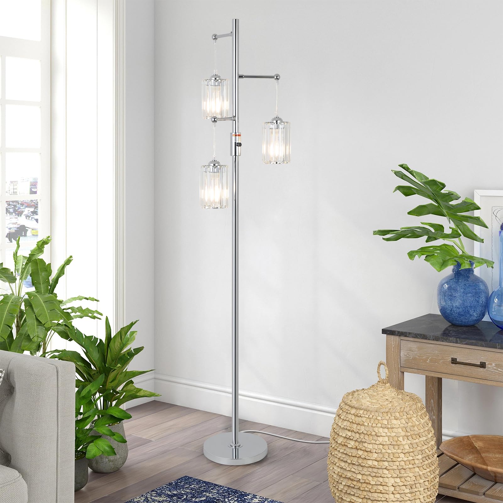 Rayofly Chrom Stehlampe Wohnzimmer, 3-flammig Dimmbar Stehlampe mit Glas Lampenschirm, Modern Kristall Standleuchte Silber, Crystal Floor Lamp, Kristall Stehleuchte für Schlafzimmer Kinderzimmer Büro
