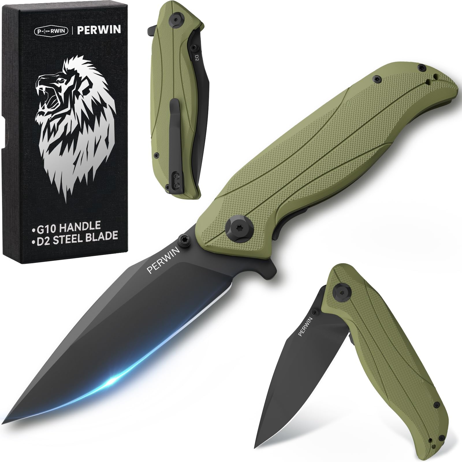 PERWIN Pocket Knife - Folding Knife with Pocket Clip, EDC Knife for Men, D2 Blade G10 Handle, Gift for Men Husband Boy Grandfather, Olive Green