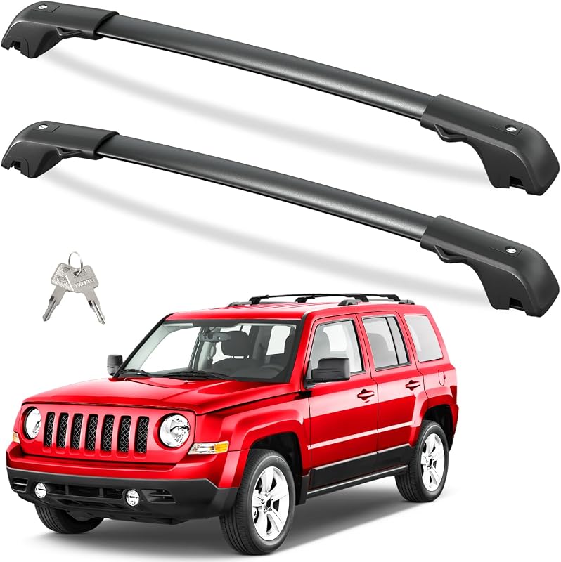 300lbs Lockable Roof Rack Cross Bars for Jeep Patriot 2007-2017 | with Raised Side Rails,Heavy Duty Anti-Theft Aluminum Roof Rails Crossbars Cargo Carrier Bag Black Bike