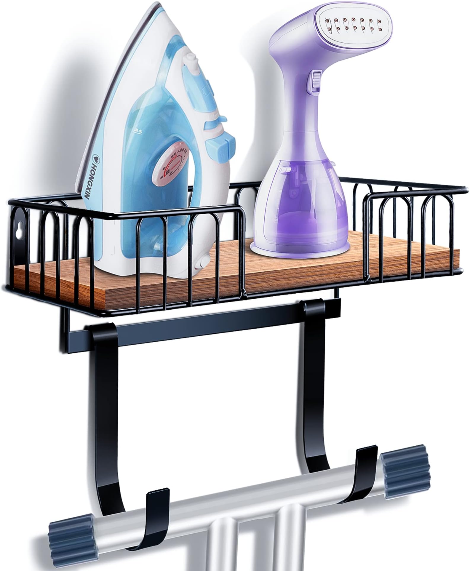 OCTAVIA Ironing Board Holder Wall Mount, Ironing and Iron Board Hanger Wall Mount with Shelf, Metal Iron Holder Wall Mount with Storage Wood Base Removable Hooks, Iron Board Hanger for Laundry Room