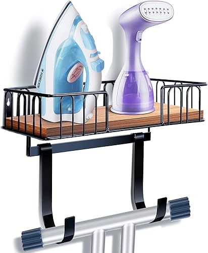 OCTAVIA Soporte de pared para tabla de planchar, soporte de pared para tabla de planchar con estante, soporte de pared de metal con cesta de base de