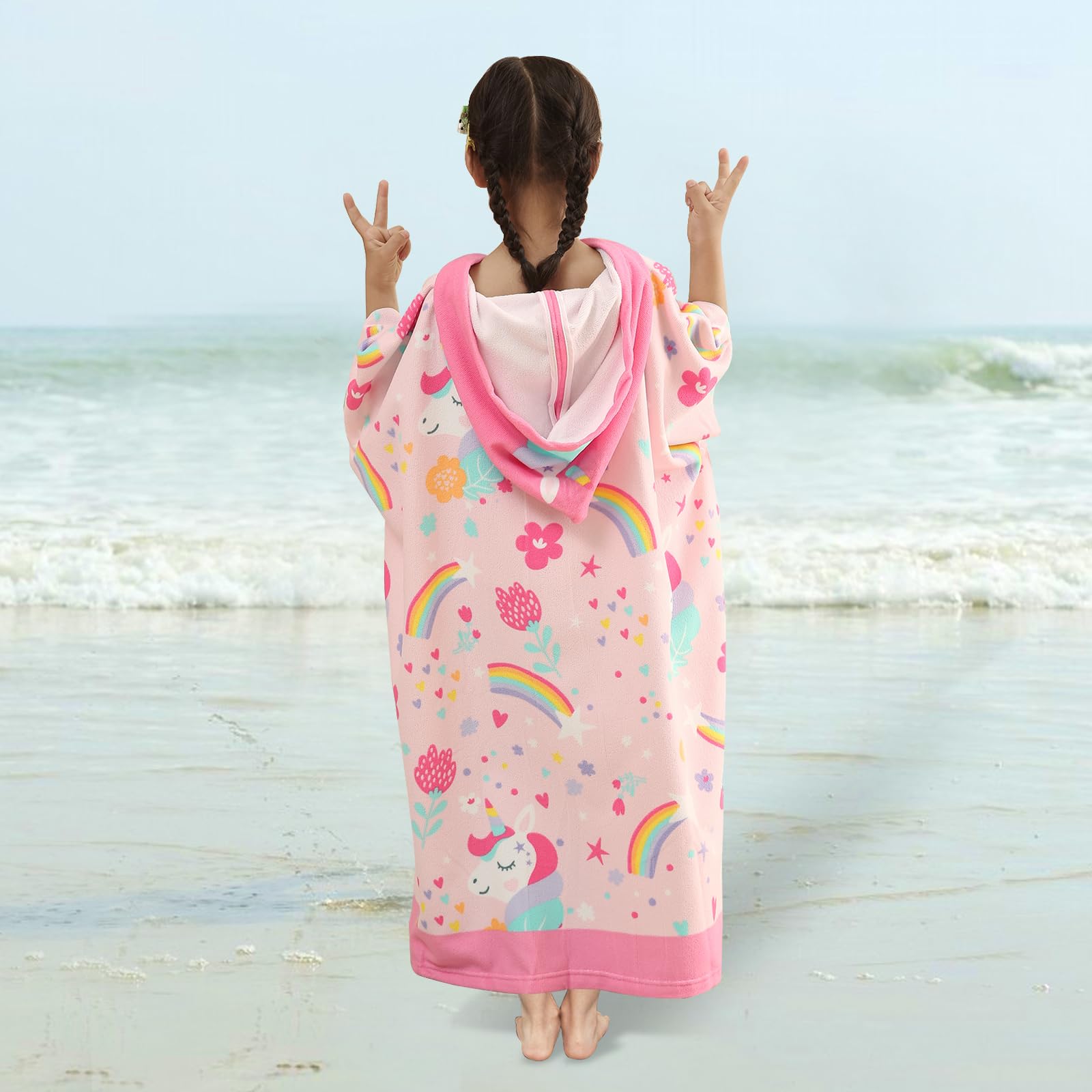 Asciugamano Poncho da Bambino, Poncho da Bagno Telo da Spiaggia per Bambini Extra Large Teli Mare in Microfibra Accappatoio con Cappuccio per Bambine e Bambini, Altezza 120-170 cm (Unicorno)