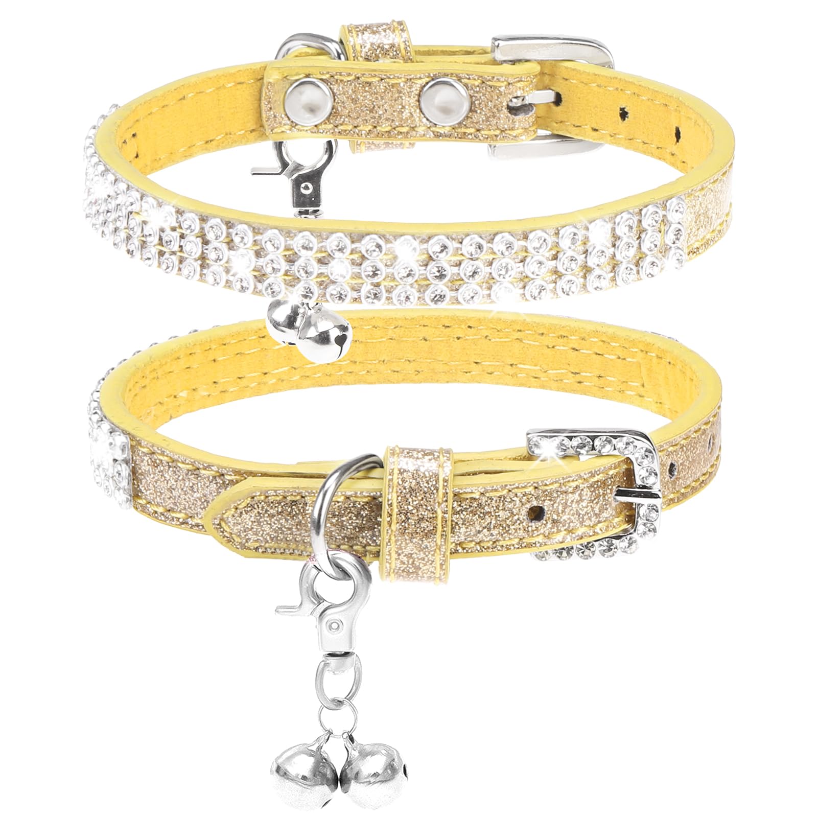 PUPTECK Basic Adjustable Cat Collar with Bling Diamond and Double Bells, for Kitten and Small Puppy, Fashion and Shining Dog Rhinestone Collars, 6-8 in, Gold