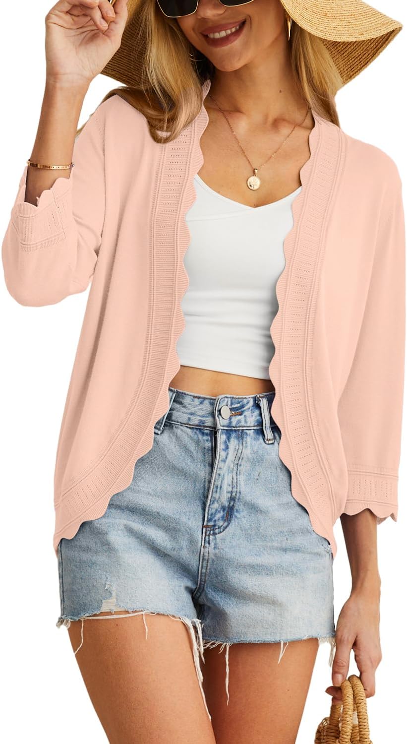 GRECERELLE Women's 3/4 Sleeve Summer Cardigan Lightweight Casual Open-Front Cropped Shrug Sweaters for Women