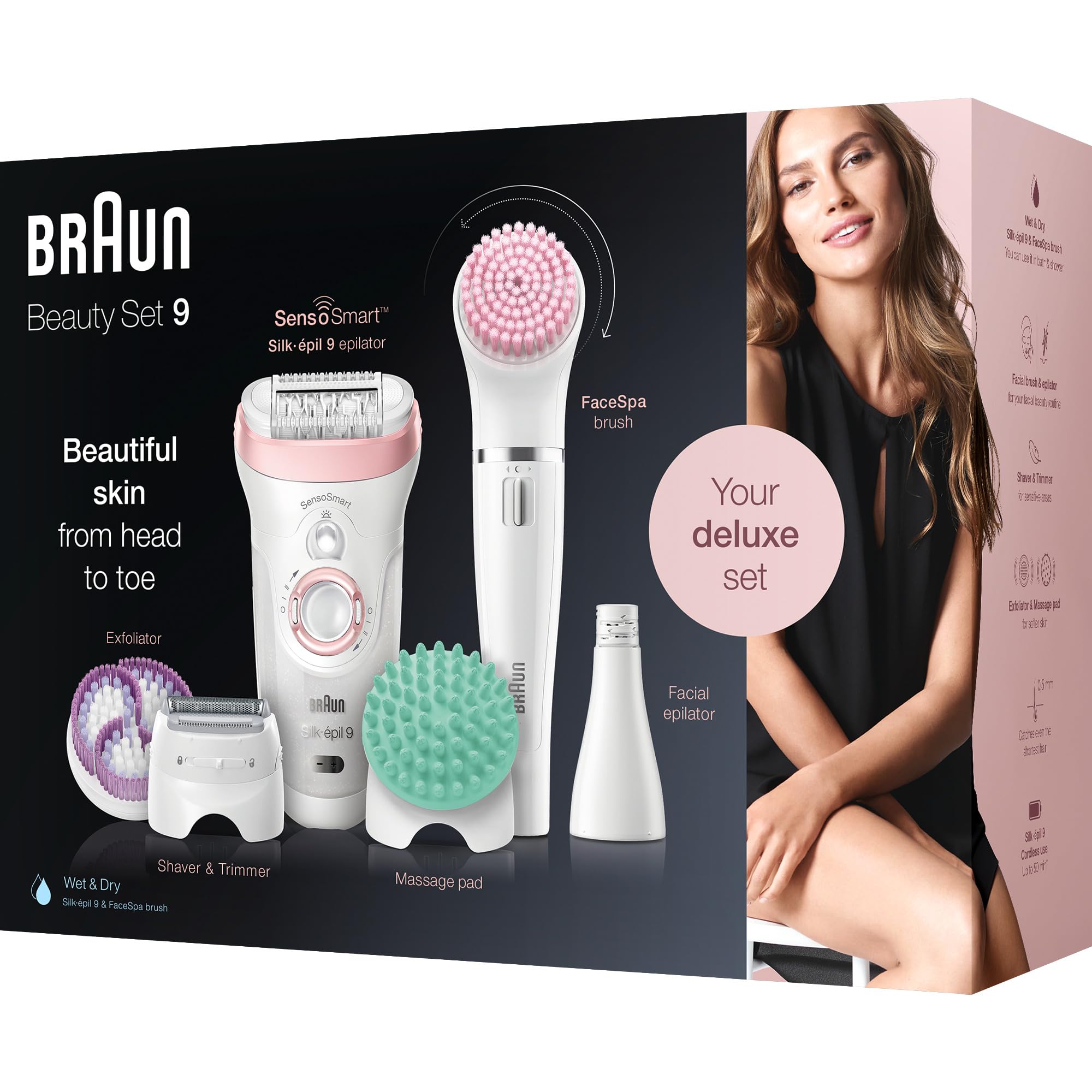 Braun Silk-épil 9 Kit Depiladora Eléctrica Mujer, 9-995 Deluxe 9 en 1, Depilación inalámbrica en seco y húmedo, Depiladora, afeitadora, exfoliante, kit de limpieza facial y corporal, blanco/rosa