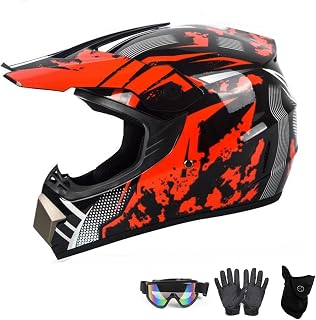 Casque Cross Enfant,Casque de Motocross pour Les Adolescents,Casque VTT Moto De Cross Enfants Quad Bike Vélo De Montagne Casque avec Gants Lunettes Masques(A,S(52~53cm))