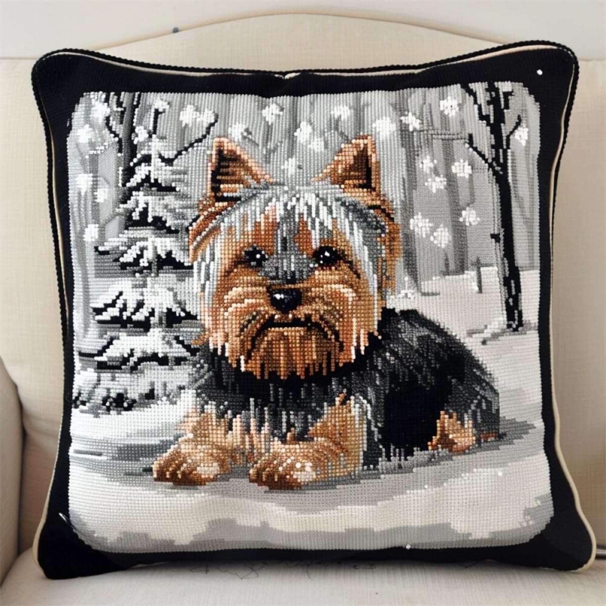 MAFANG 11CT DIY Embroidery Pillow Covers Kit Winter Yorkshire Terrier Cross Stitch Kit Embroidery Kits for Beginners with Pattern and Instructions A 45x45cm