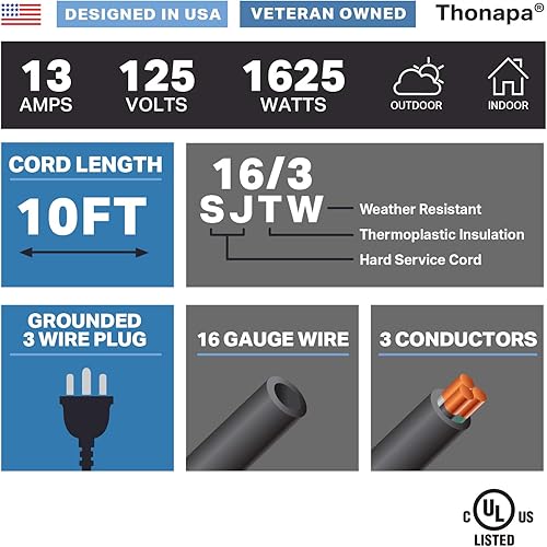 Miniatura 27 de Cable de extensión para exteriores de 100 pies, cable de extensión negro SJTW 16/3 de 100 pies, 3 puntas, cable de alimentación exterior resistente
