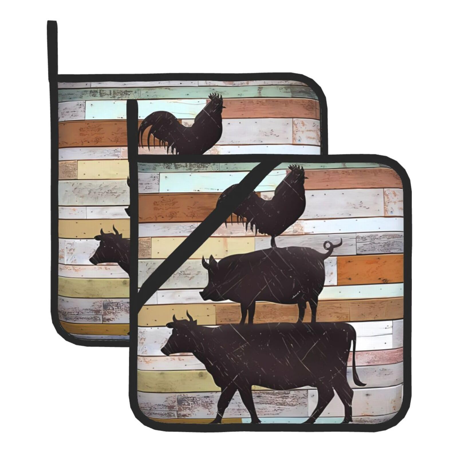 YYHHAOFA Cow Chicken and Pig Pattern Prints Square Hot Pot Pads - Waterproof Kitchen Throw Layers for Countertop, Oven & Grill - Durable Heat Resistant Pads with Hanging Loop (2-Pack)
