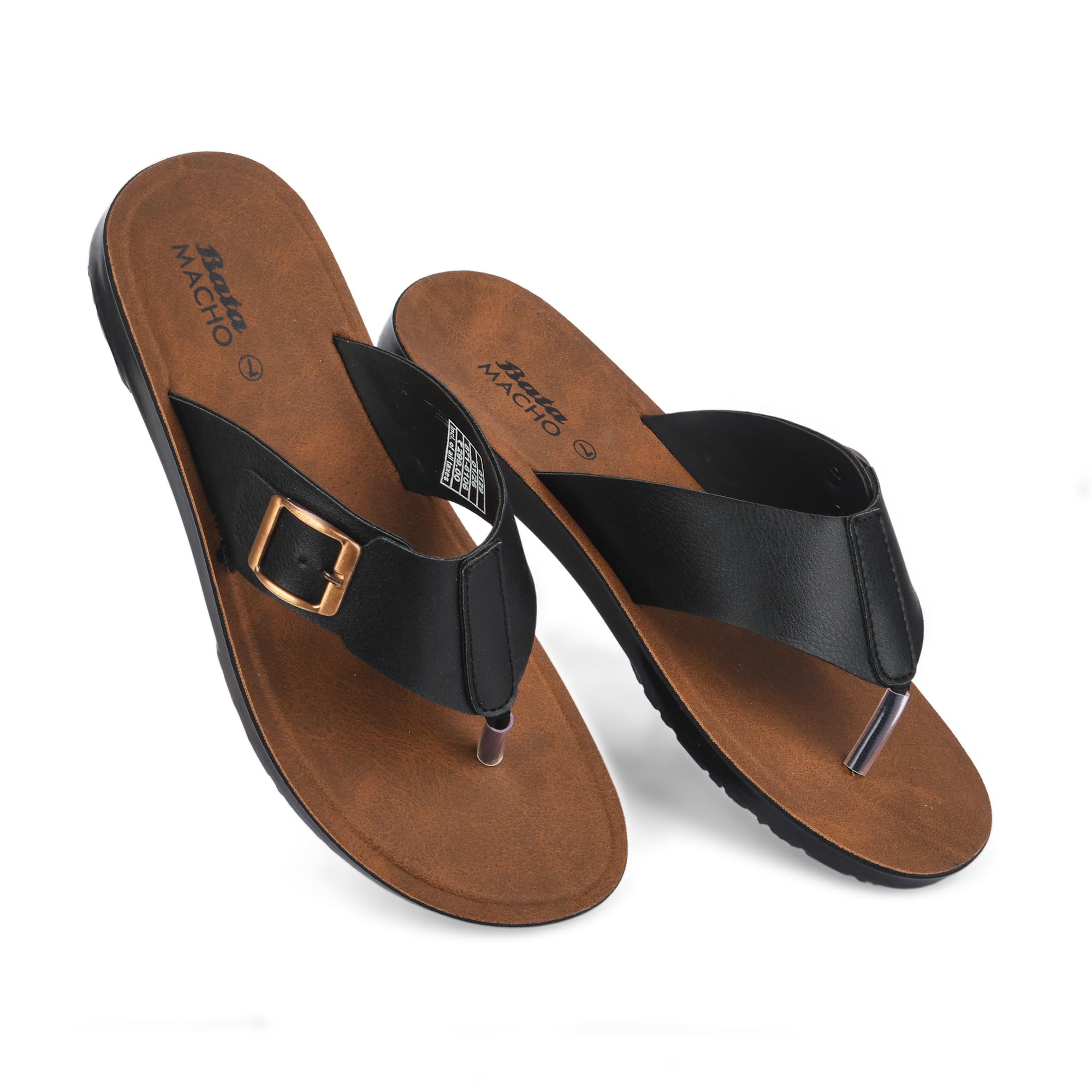 Macho Men's Flip Flops, Black Leather Thong Sandals with Brown Footbed and Buckle Detail-image-17