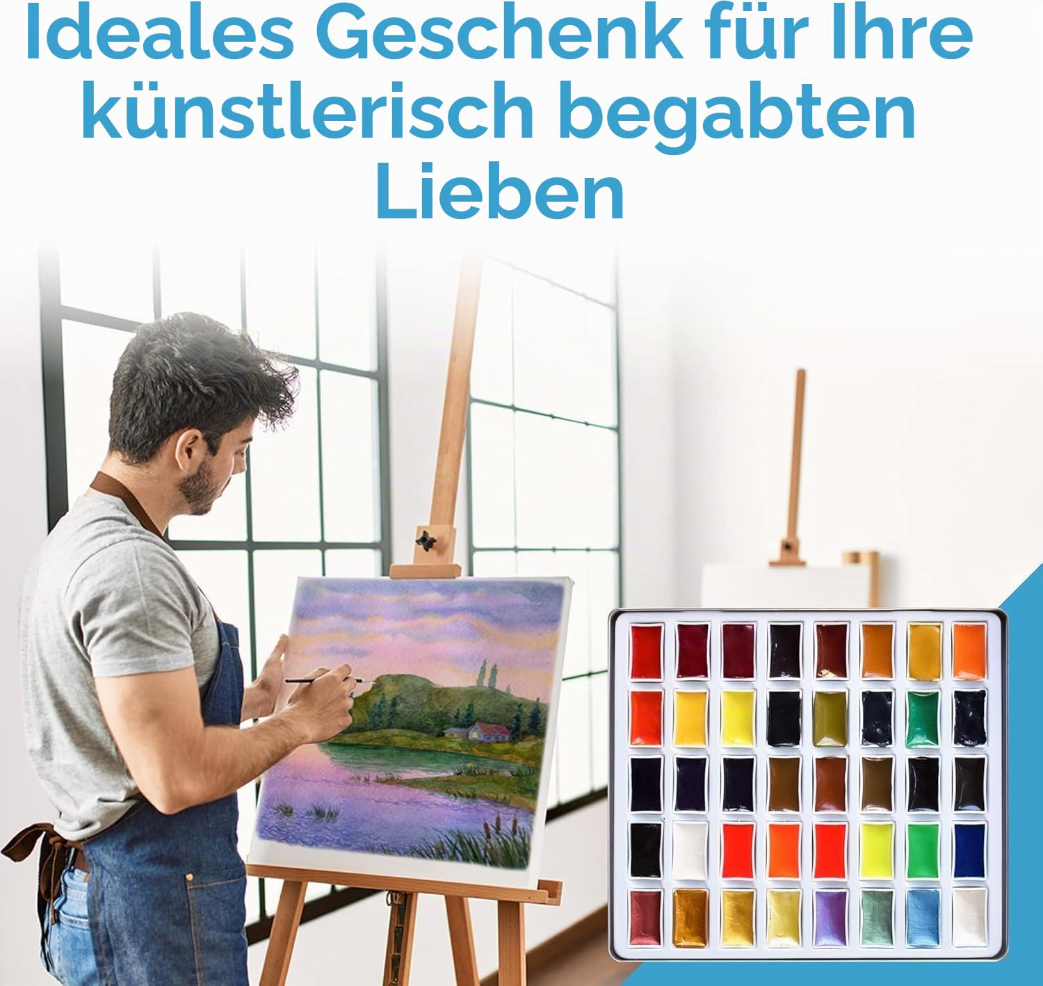 Mozart Premium japanisches Aquarellfarben-Set mit komplettem Zubehör, 40 reichhaltige Wasserfarben, inklusive Pfannen, Palette, Stift, Pad, Pinsel, Metallic- und Neon-Wasserfarben, perfektes