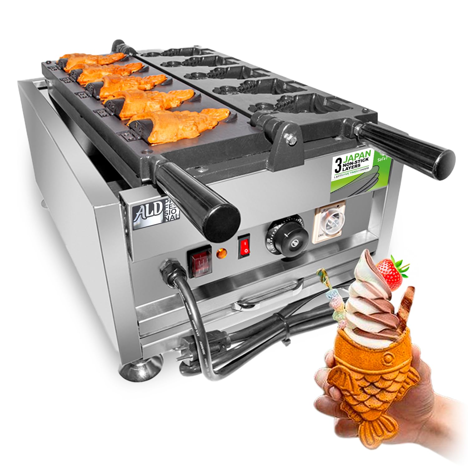 ALDKitchen Taiyaki Fish Waffle Maker | Electric Taiyaki Machine | Nonstick Coating | Manual Control | 110V (5 Open-Mouth Fish Waffles)