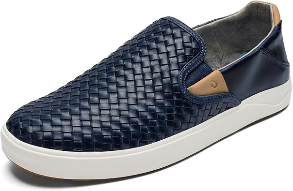 OLUKAI Laeahi Lauhala Mens Woven Leather Shoes, Versatile Everyday Leather Sneakers, Easy Slip On Design, All-Day Wear & Comfort