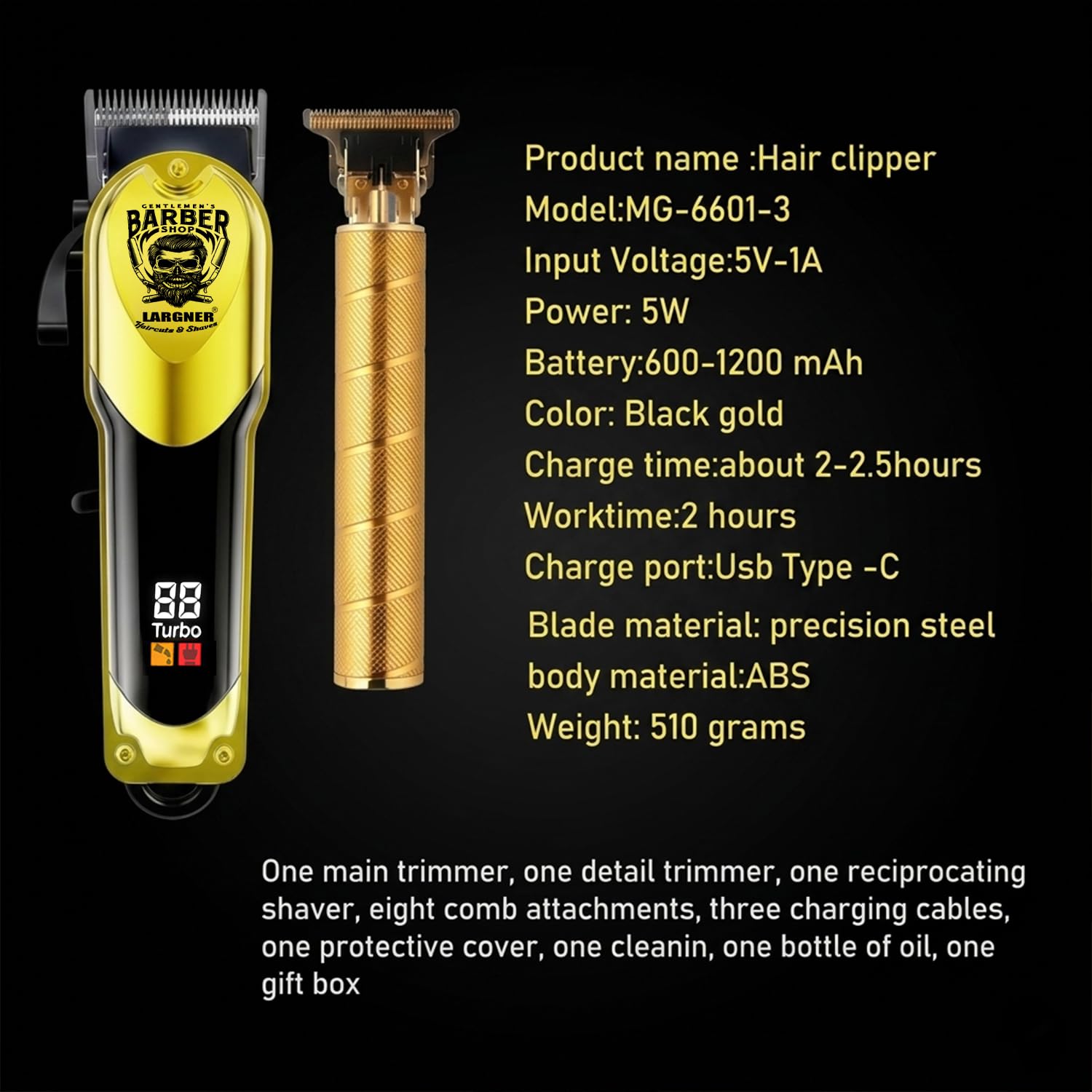 LARGNER Gold Professional Cordless Hair Clippers, Beard Trimmer & Electric Razor Kit
