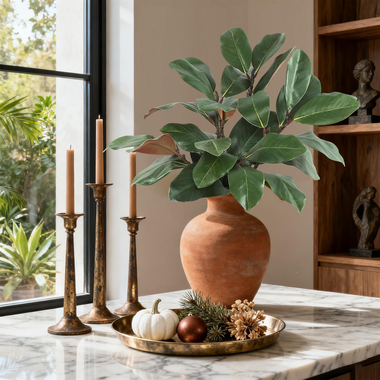 LFF 5Pcs Real Touch Faux Magnolia Stems, 22“ Fake Magnolia Greenery, 3D Artificial Magnolia Leaves Branches for Vase Fillers, Indoor Outdoor Home Office Table Decoration