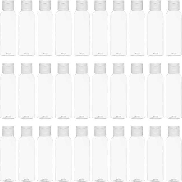 Belle Vous Clear Plastic Flip Cap Refillable Bottles (30 Pack) - 60ml / 2oz Liquid Containers - Reusable Empty Squeeze Cosmetic Bottles for Travel, Toner, Lotion, Conditioner, Toiletries, and Shampoo