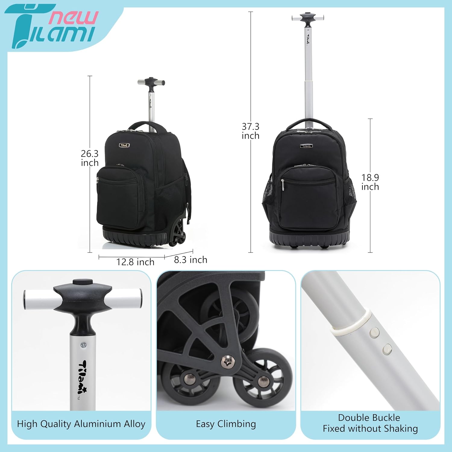 NEW TILAMI 18 Inch Rolling Backpack with Wheels for Girls Boys Kids Laptop Backpack School Travel, Pure Black