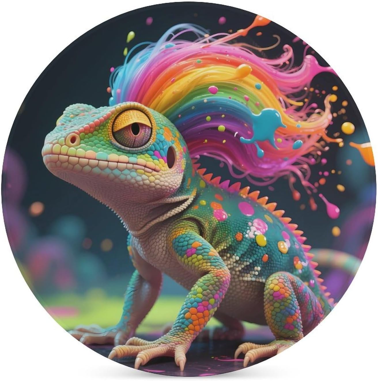 Colorful Gecko with Rainbow Hair Funny Round Ceramic Coasters for Drink Absorbent Cup Holders Tabletop Protection