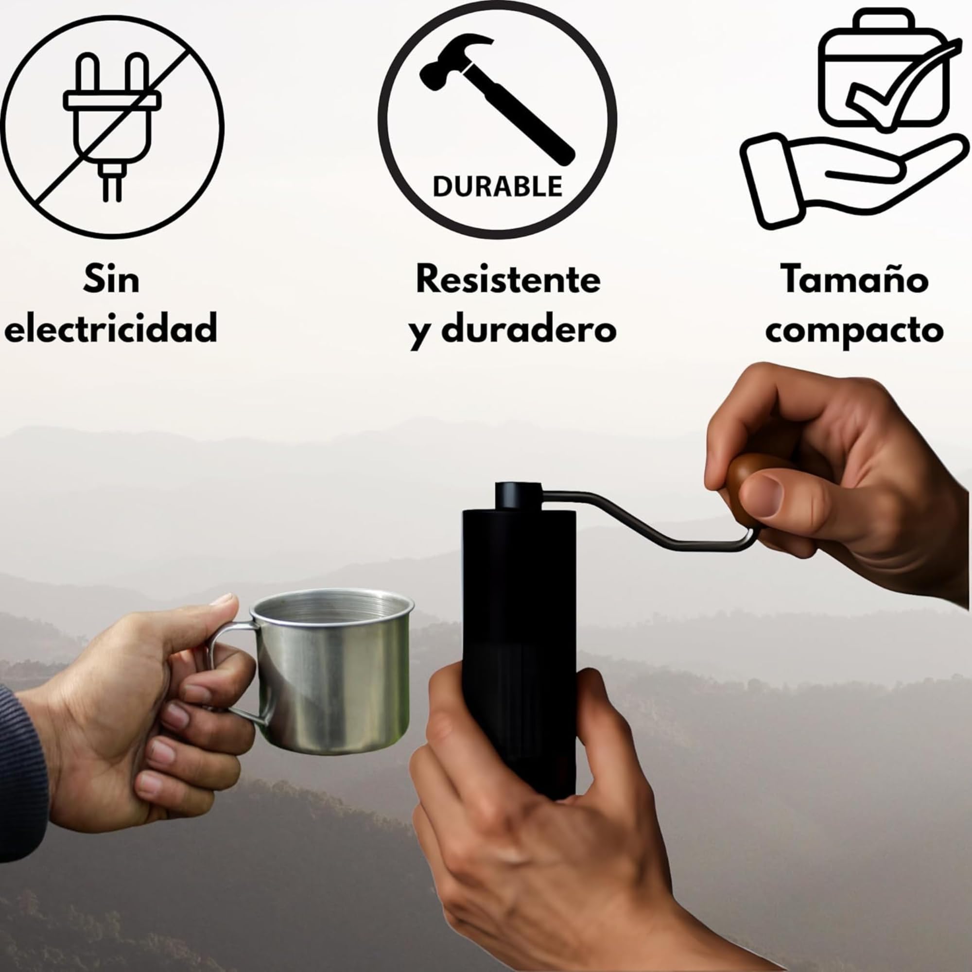 Molinillo Cafe Manual 25 g, Muelas Cónicas Hexagonales de Acero Inoxidable, Molienda Ajustable para Espresso, Moka y Prensa Francesa, Aluminio Anodizado y Nogal