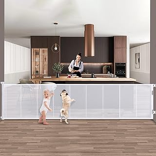 Retractable Baby Gates Extra Wide 150", Retractable Baby Gate Security Upgrade 33" Tall for Large Opening Outdoor Mesh Baby Gate for Doorways Extra Long Dog Gate Retractable for Stairs, Hallways,etc.