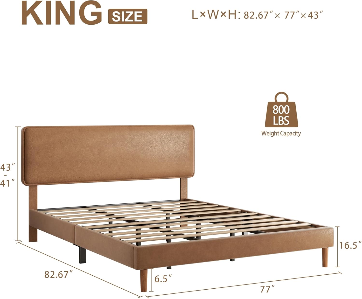 King Size Upholstered Bed Frame with Adjustable Headboard, Faux Leather Platform Bed with Wood Slats, Lychee Grain Leather, No Box Spring Needed, Easy Assembly, Noise Free, Brown Brown King