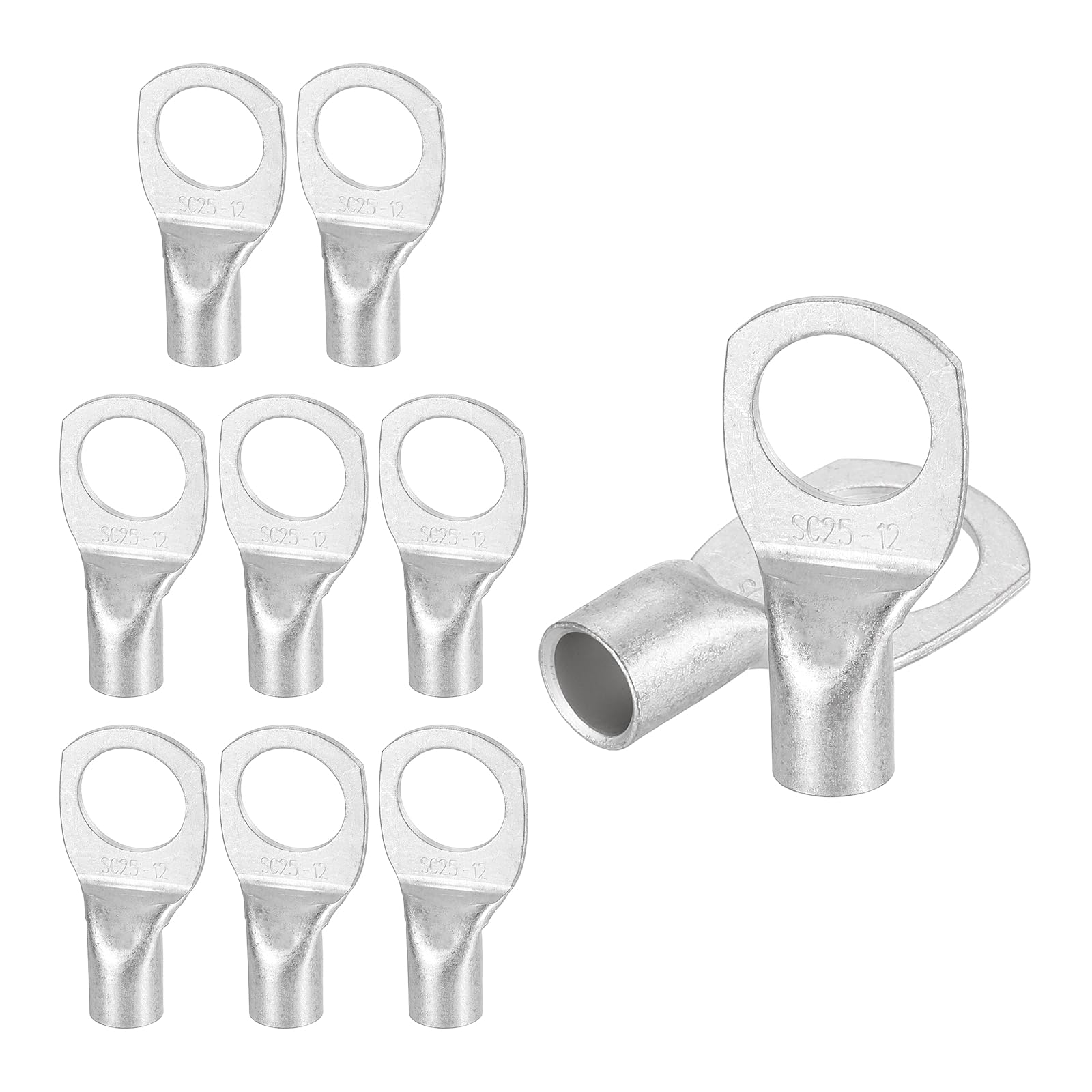 sourcing map 10 Pcs Tinned Copper Wire Lugs 4AWG 33/64" Wire Connectors Marine Grade Battery Cable Ends Ring Terminals SC25-12NH Battery Cable Lugs, Silver