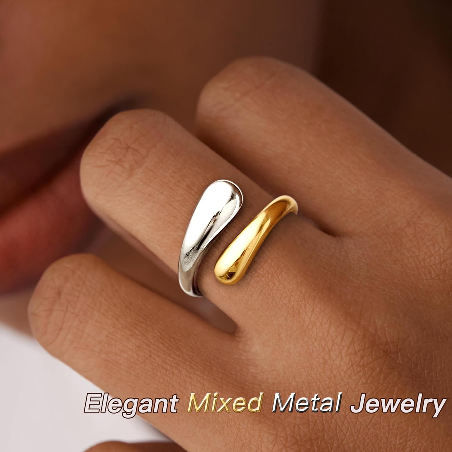 Non Tarnish Gold Chunky Rings for Women, 14K Gold Plated Statement Dome Rings Stacking Silver, Adjustable Mens Eternity Wedding Band Mixed Metal Jewelry Size 3-13 - Image 4