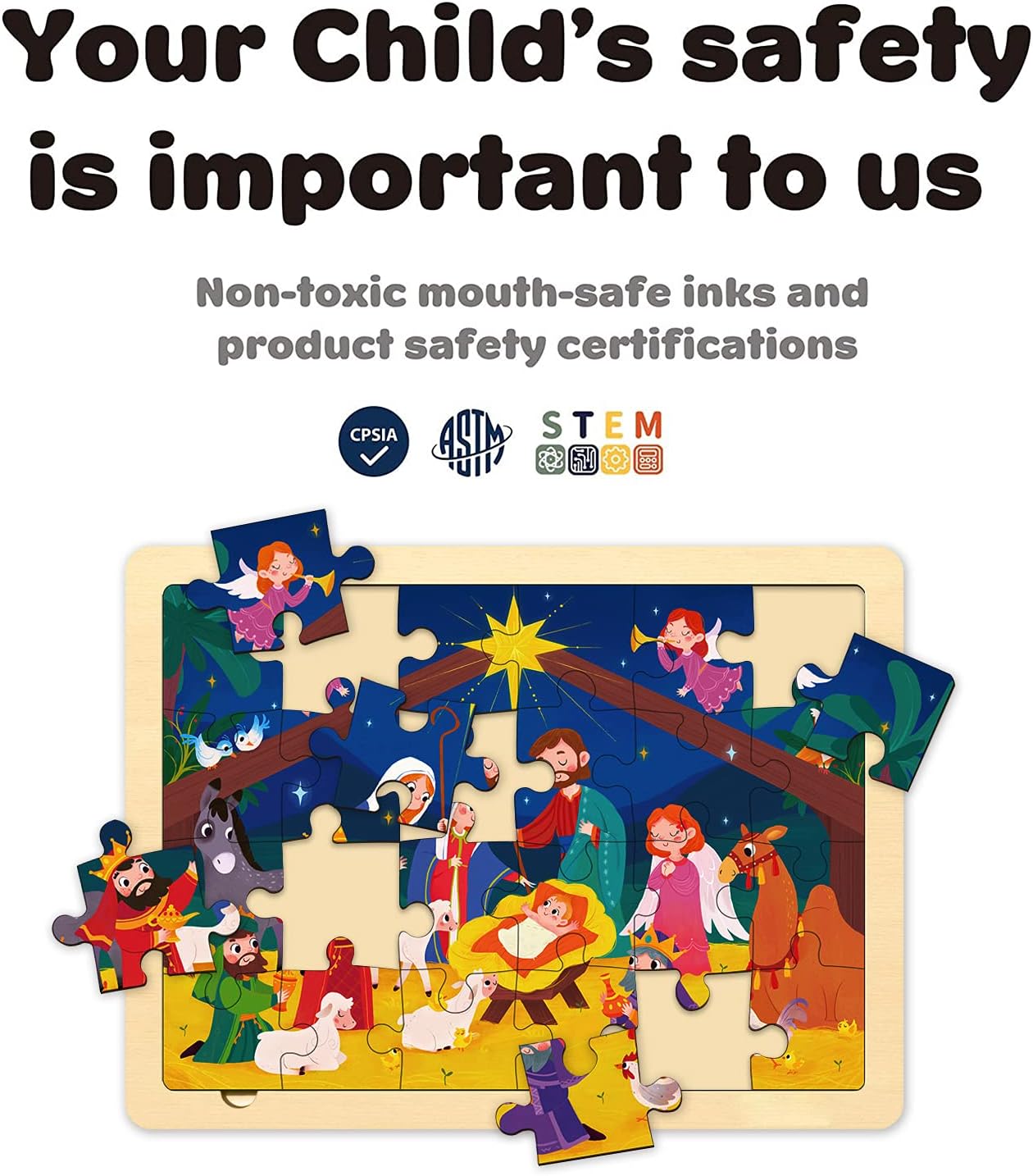 Nativity Scene Kids 24 Piece Puzzle for 3 Year Old, Unique Shape Jigsaw Pieces Christmas Wooden Jigsaw Puzzles for Toddlers Ages 3-5, Preschooler Puzzle with Tray
