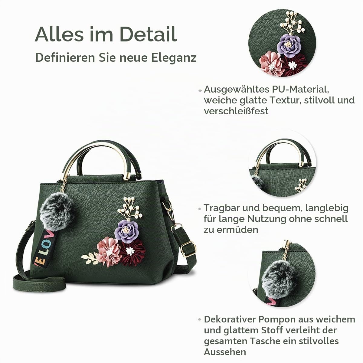 NICOLE & DORIS Damen Leder Handtasche Umhängetaschen mit Blume Jahrgang Griff Tasche Designer Tote Geldbörse mit Pom Pom dunkelgrün