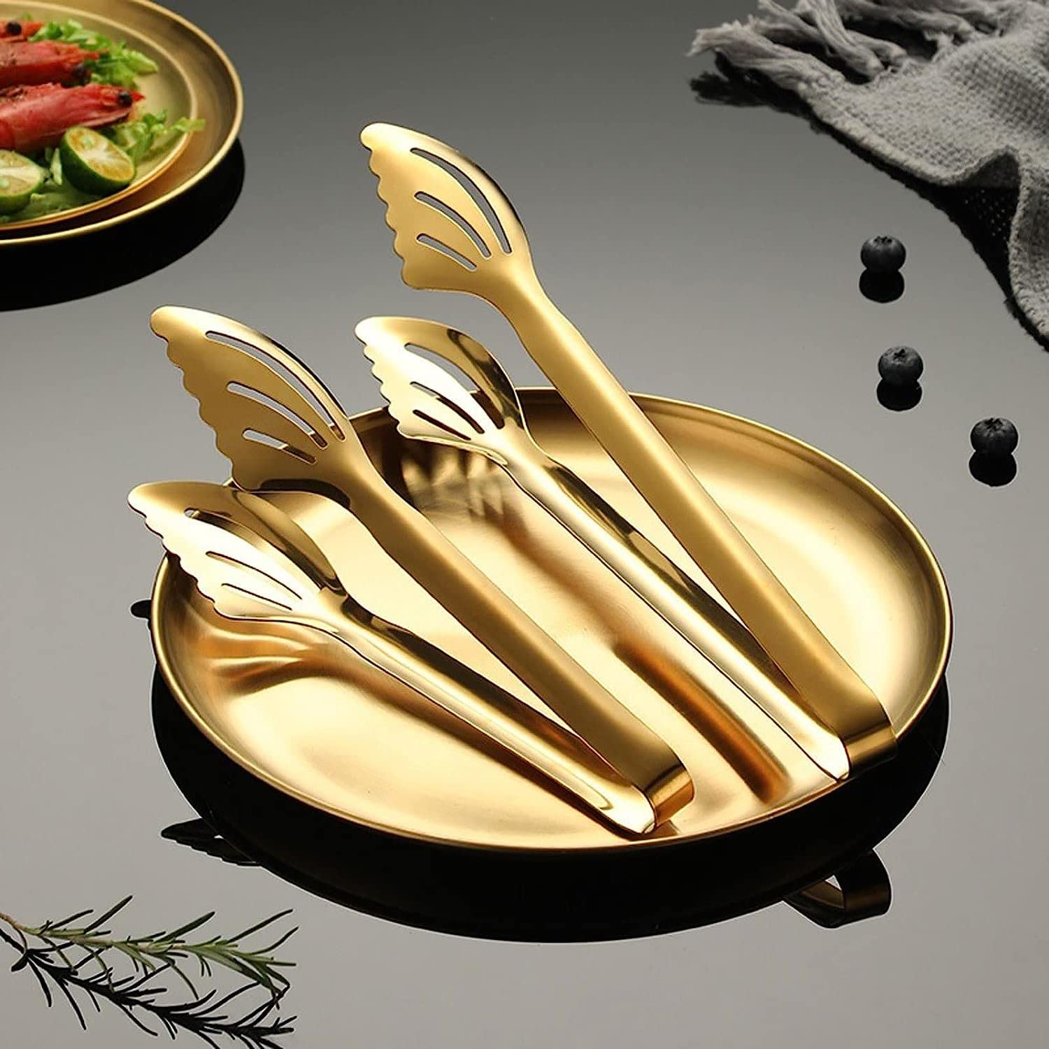 MRKU Utensili da Cucina in Acciaio Inossidabile per Alimenti, Utensili da Cucina per Buffet, pinze per Pane Anti-Calore stabili e Dorate in Argento
