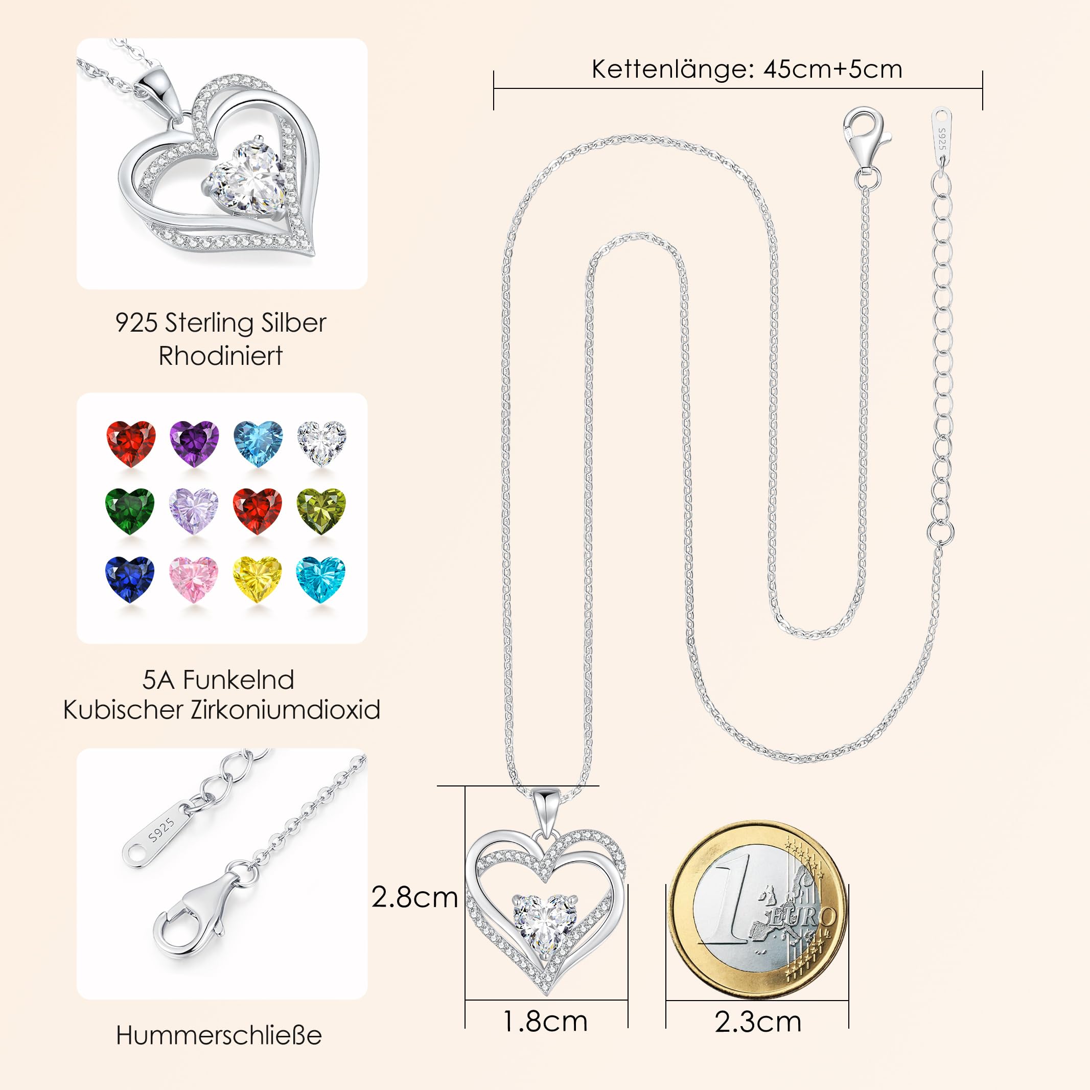 CDE Kette Damen Herzkette 925 Sterling Silber Geburtsstein Halsketten Schmuck Herz Anhänger Weihnachten Valentinstag Muttertags Geschenk Hochzeit Jubiläum Geburtstag Frau Freundin Mama | Geschenk für Weihnachten Valentinstag Muttertags Geschenk Hochzeit J