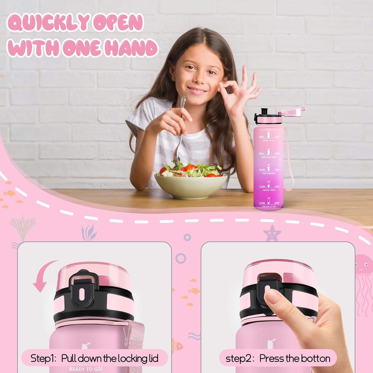 Water Bottle, 500 ml, Sports Water Bottle, with Brush, Water Bottles, with Time Marking, Water Bottles, with Filter, BPA-Free, Water Bottle for Sports - Newborn Pink & Rose Red image 5