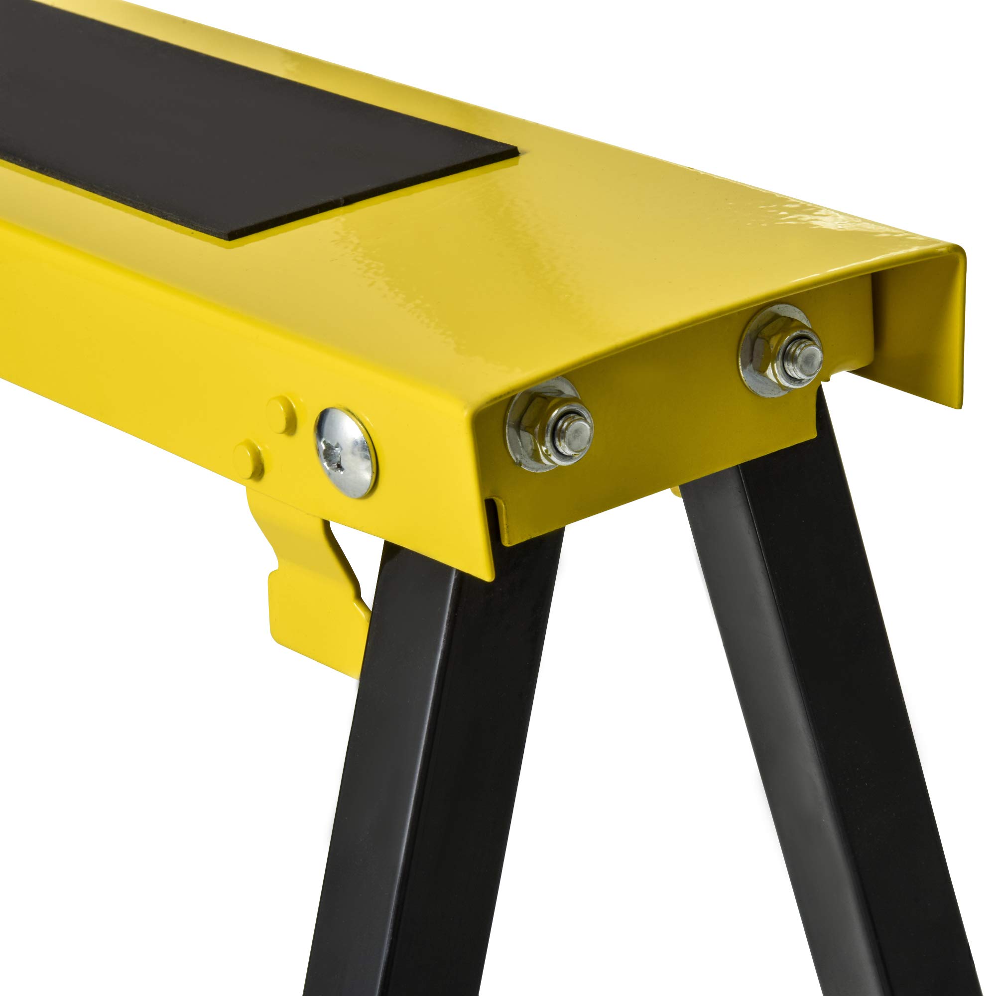 DURHAND Lot de 2 Tréteaux Pliables Télescopiques Réglables en Hauteur, Poignée de Transport, Dim. 100L x 60l x 62-90H cm, Surface Antidérapante, Métal, Noir et Jaune