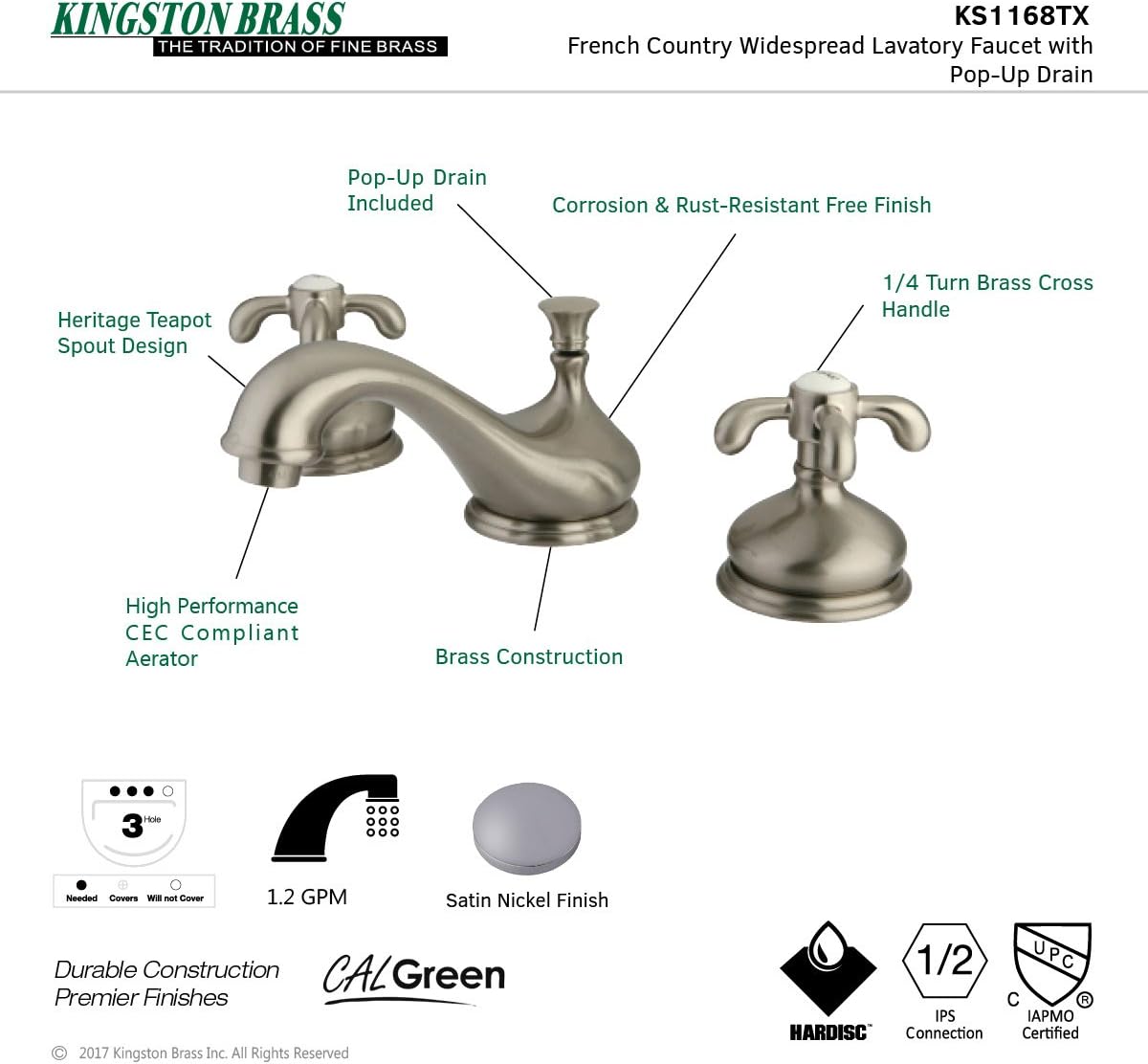 Kingston Brass KS1168TX French Country Widespread Lavatory Faucet, Brushed Nickel