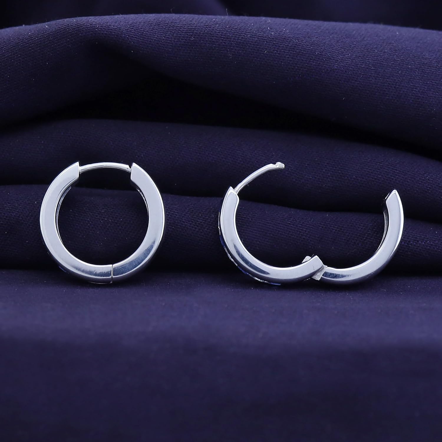 Round Cut Simulated Blue Sapphire With Cubic Zirconia Huggies Hoop Earrings in14K Gold Over Sterling Silver