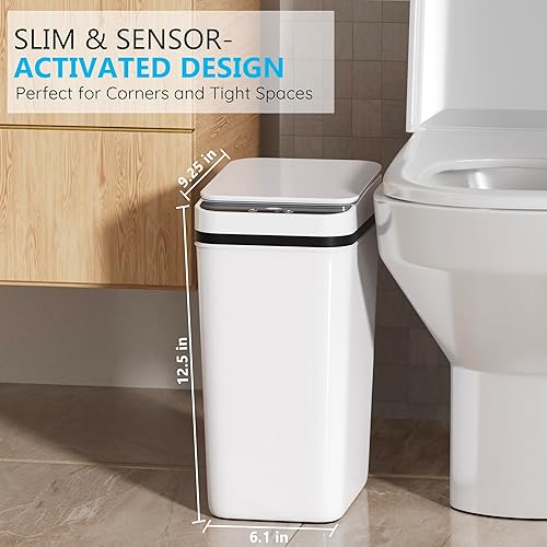 Miniatura 4 de Cubo de basura pequeño para baño con tapa, 2.6 galones, sin contacto, automático, delgado, impermeable, sensor de movimiento, cubo de basura Blanco