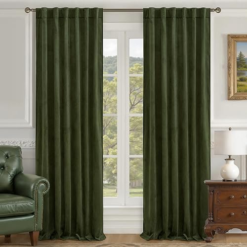 LAMIT 90 Inches Velvet Curtains for Living Room, Olive Green Thermal Insulated Blackout Curtains Luxury Room Darkening Back Tab and Rod Pocket Window Drapes for Bedroom, 2 Panels, 52 x 90 Inch