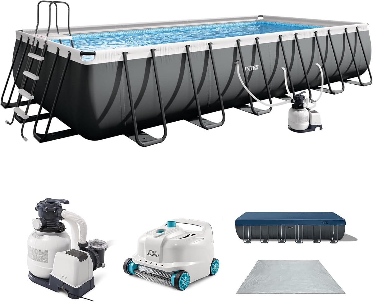 Ultra XTR 24ft x 12ft x 52in Above Ground Swimming Pool Set Bundle | 26363EH - 2100 GPH Sand Filter Pump, Ladder, Pool Cover & Ground Cloth with Deluxe Automatic Vacuum Cleaner Included