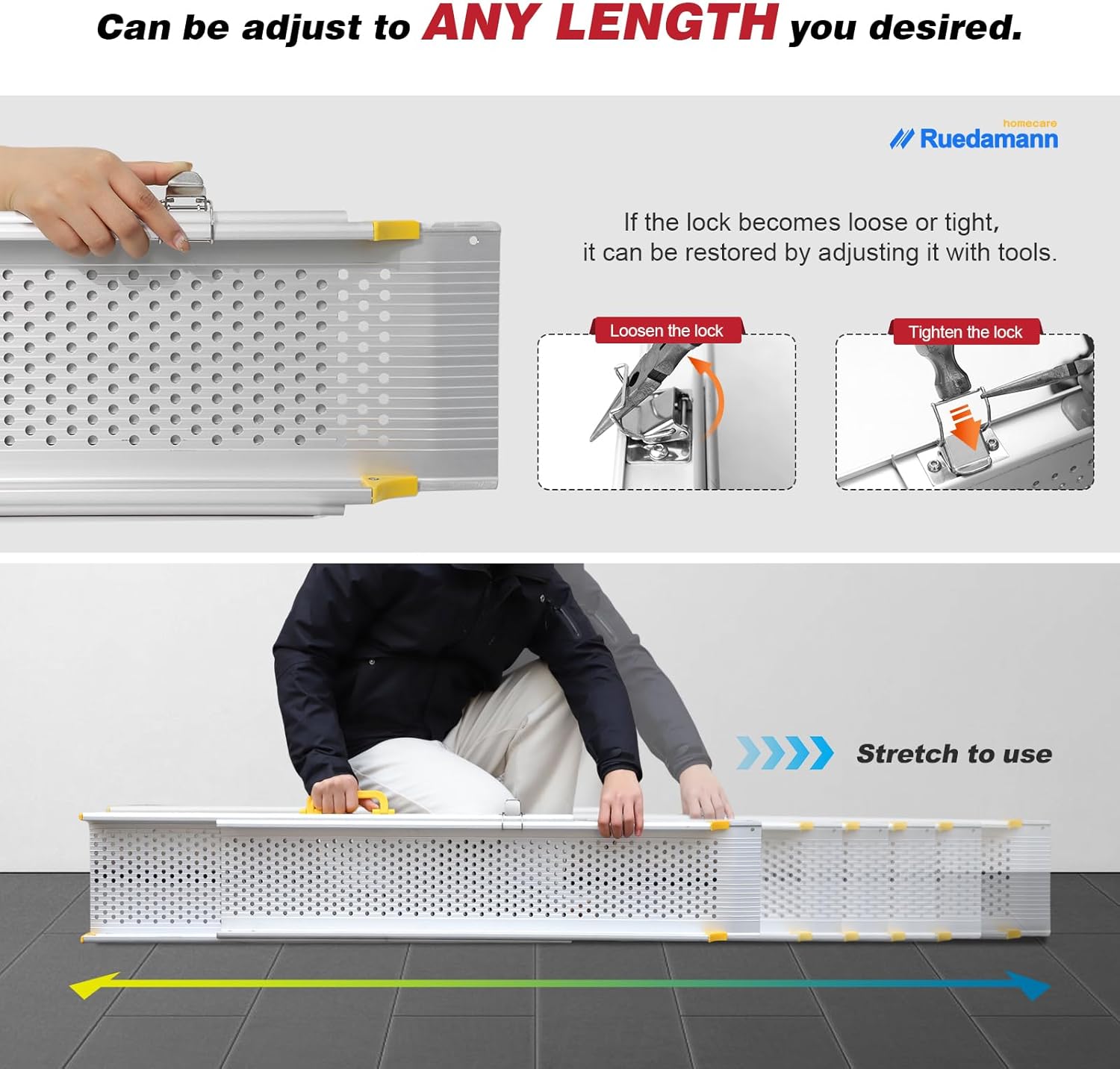 Ruedamann 8FT Portable Wheelchair Ramp, 600 lbs Per Pair Capacity, Adjustable Aluminum Ramps for Wheelchairs, 8" Width Wheelchair Ramps for Home Steps, Doorways, Curbs, 2Pcs