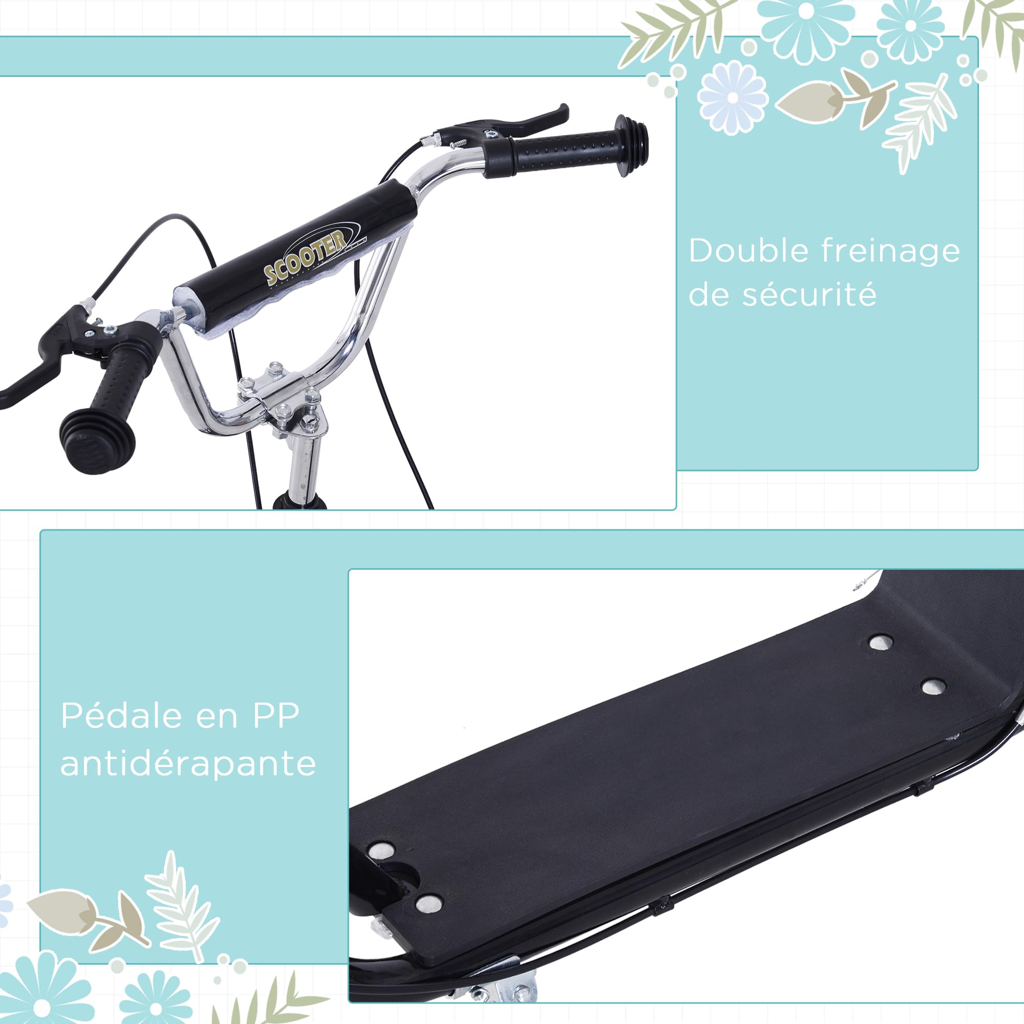 HOMCOM Patinete patineto infantil a partir de 5 años grandes neumáticos manillar ajustable asas frenos y soporte de acero negro | Manillar ajustable, manijas, frenos y muleta, acero