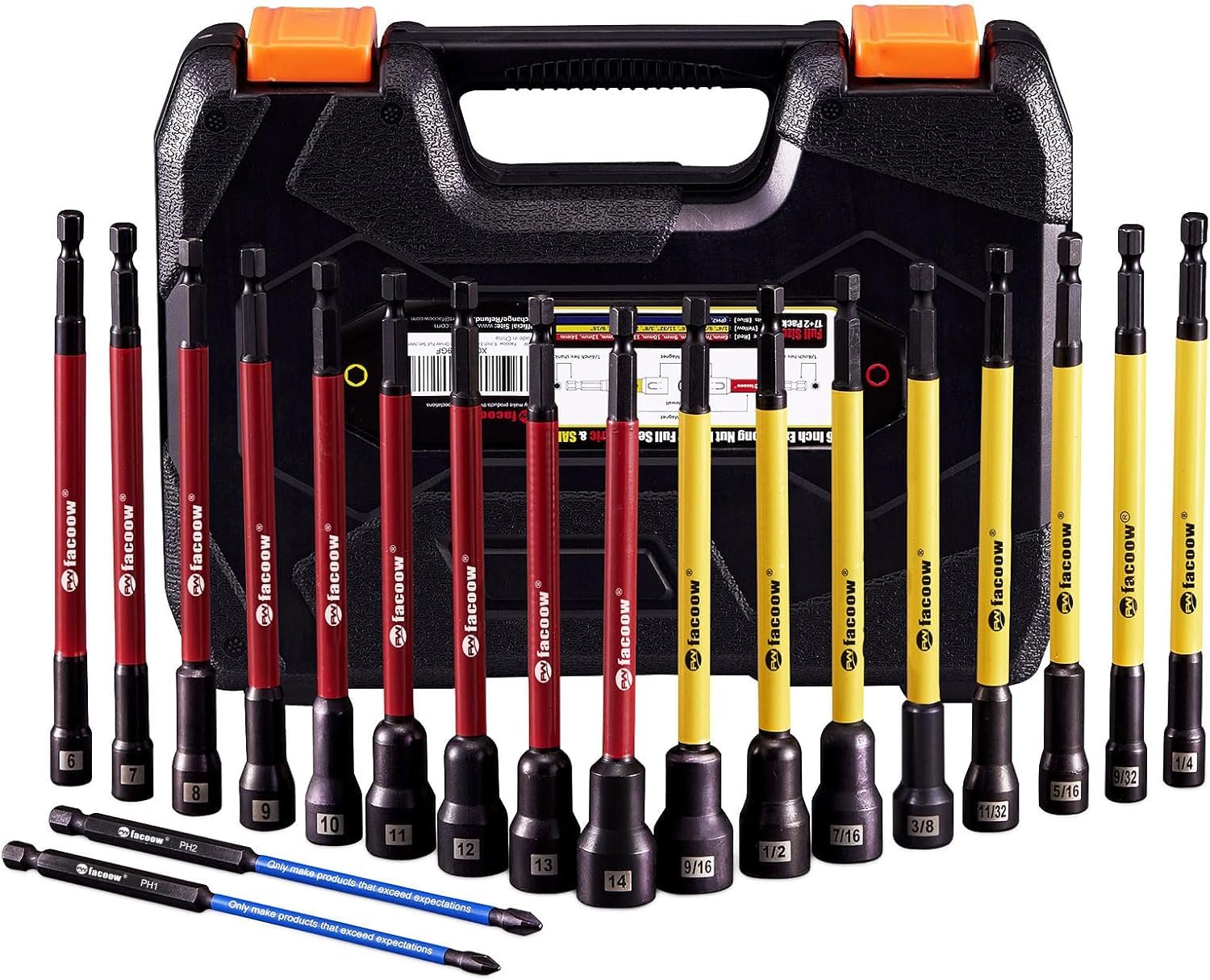 Facoow Juego de destornilladores magnéticos para taladro de impacto, 19 piezas con sistema métrico y SAE, incluyendo PH1 y PH2, juego de destornilladores de tuerca extralargos de 6 pulgadas con